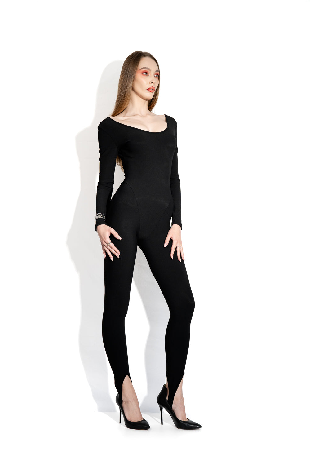 Black long stirrup bodysuit