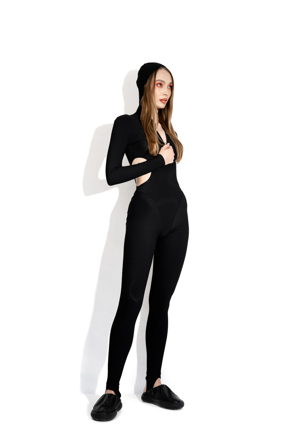 Black cutout hooded bodysuit