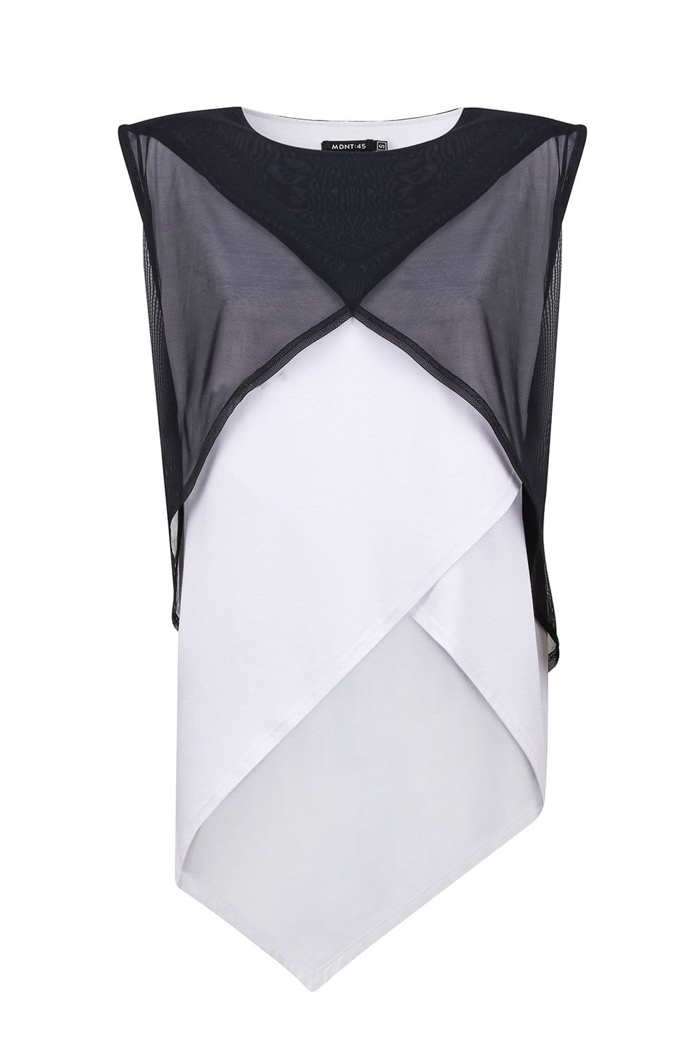 Asymmetrical white shirt with black mesh top